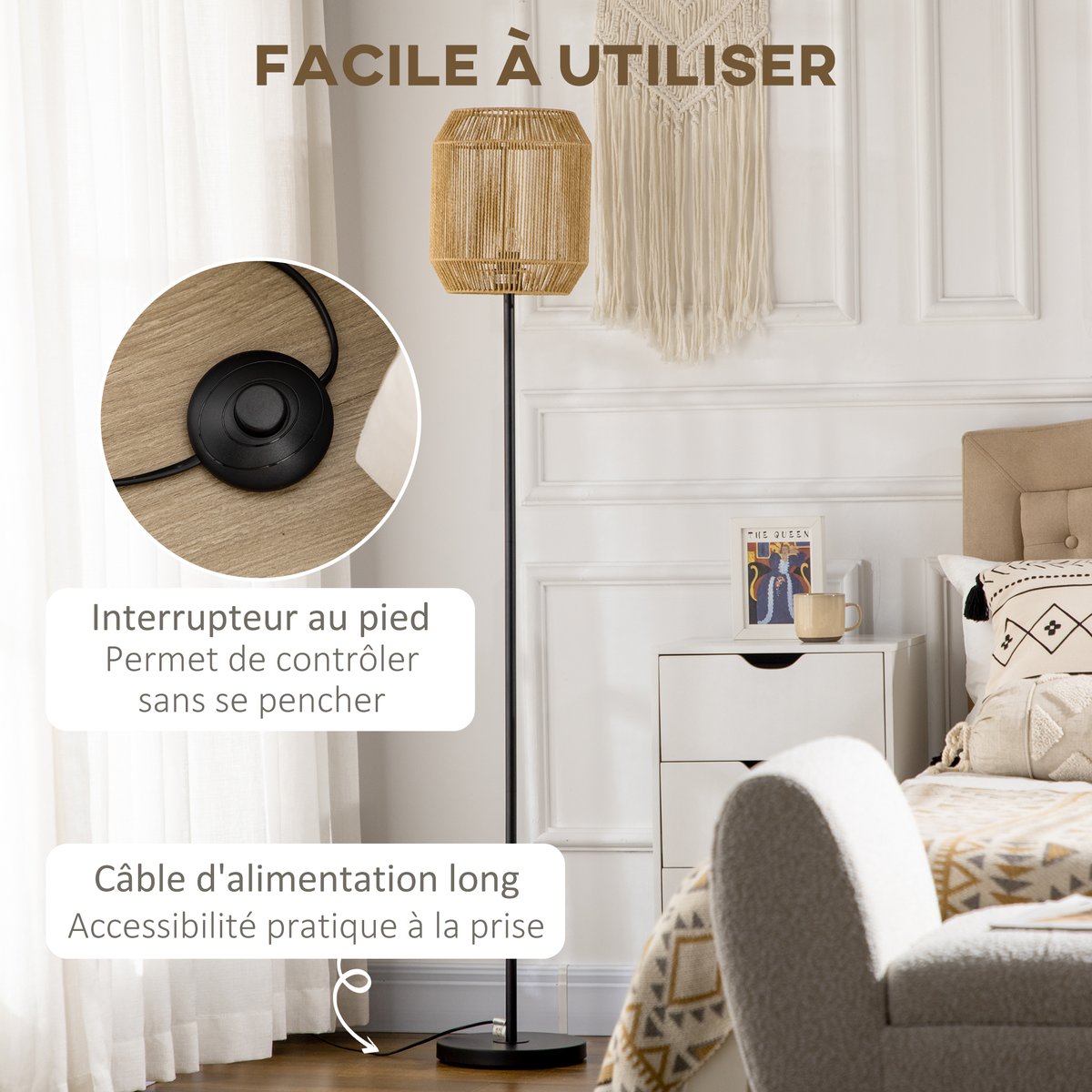 Lampadaire Ficelle de papier Bois naturel noir, HOMCOM