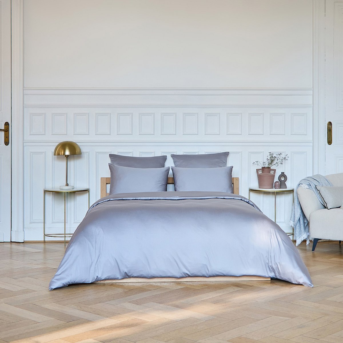 Housse de couette en satin de coton ALEXANE gris, HABITAT
