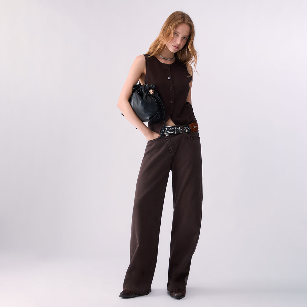 Pantalon droit avec ceinture asymétrique marron foncé, LIU JO