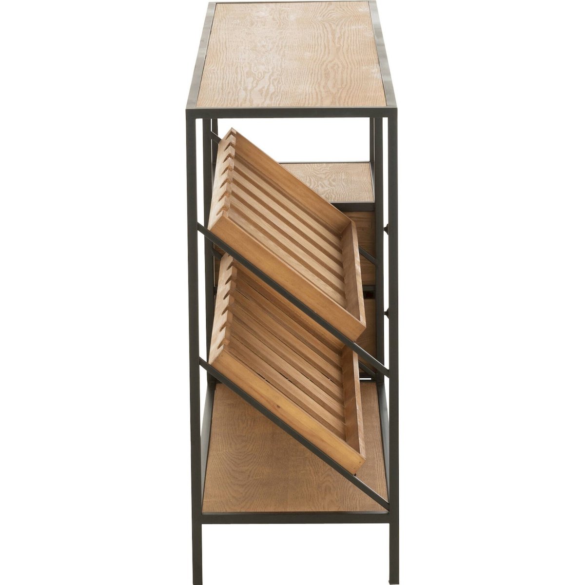 Meuble bar rectangulaire en bois avec rangement bouteilles bois naturel et métal noir, RECOLLECTION