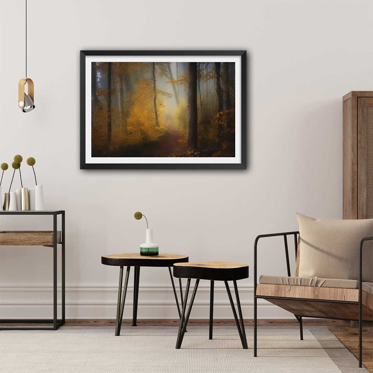 Affiche l'arbre et l'automne rouge affiche + cadre en bois - noir, HEXOA
