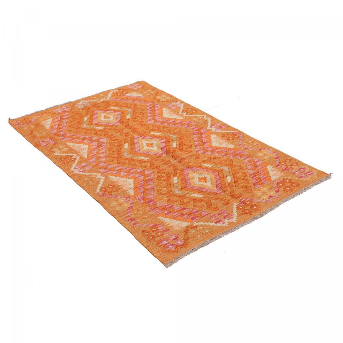 Tapis d'orient, motif ethnique, artisanal en laine naturelle orange, crème, rose, UN AMOUR DE TAPIS