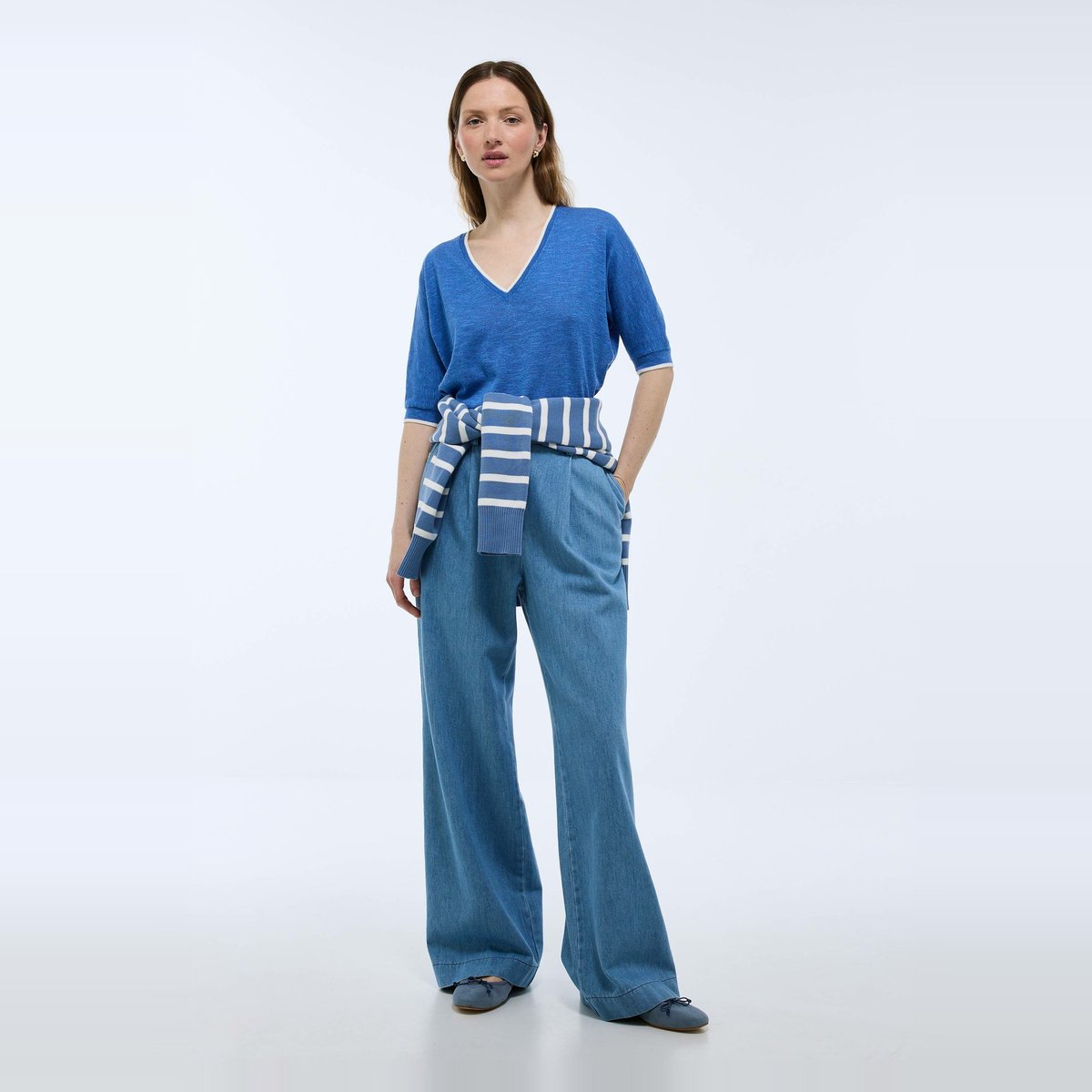 Pull col V manches 3/4 contenant du coton campanule, MONOPRIX