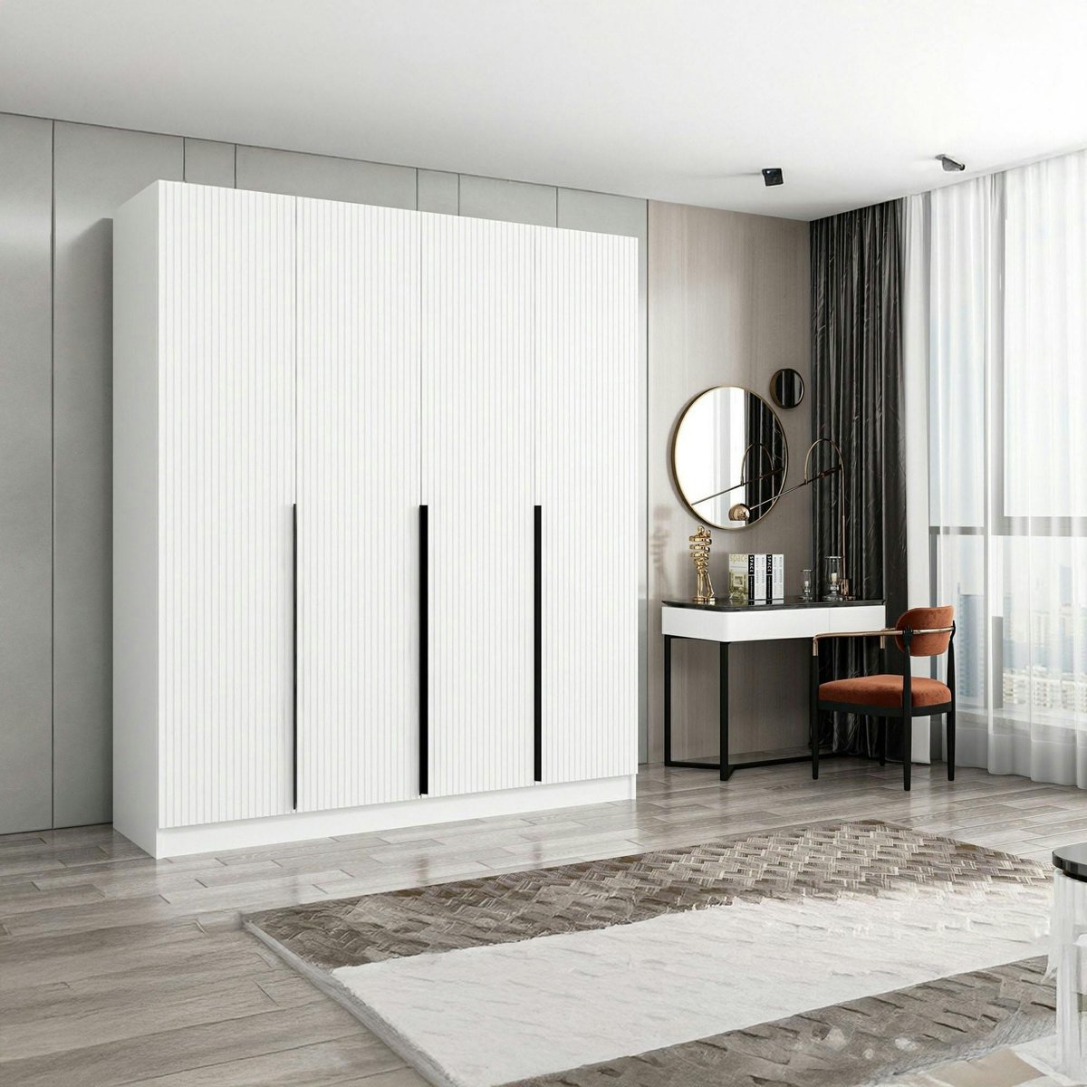 Armoire 4 portes, 1 penderie 8 niches 2 tiroirs BYRON blanc, PIER IMPORT