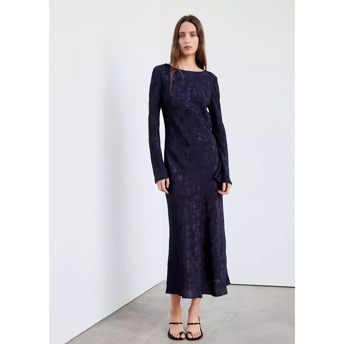 Robe jacquard floral manches cloche bleu, MANGO
