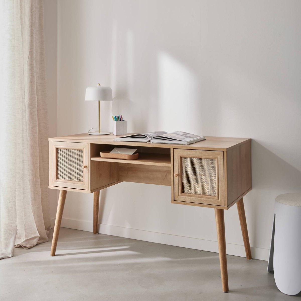 Bureau décor bois et cannage 2 portes BOHÈME naturel, SWEEEK