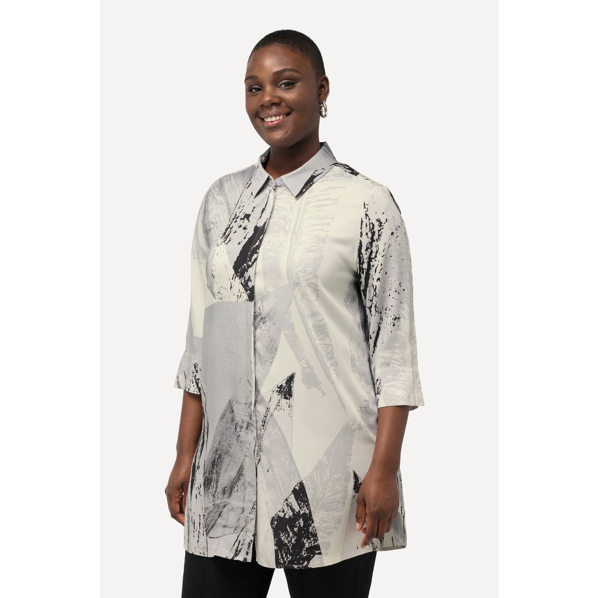 Blouse longue à motif plumes noir, ULLA POPKEN