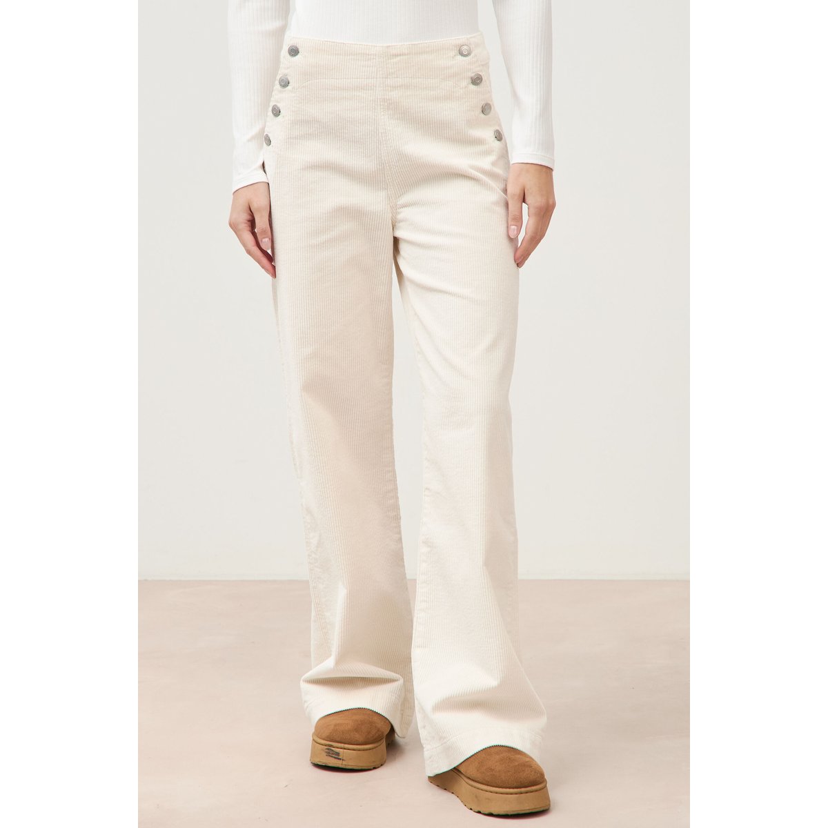 Pantalon large taille haute en velours ivoire, BONOBO