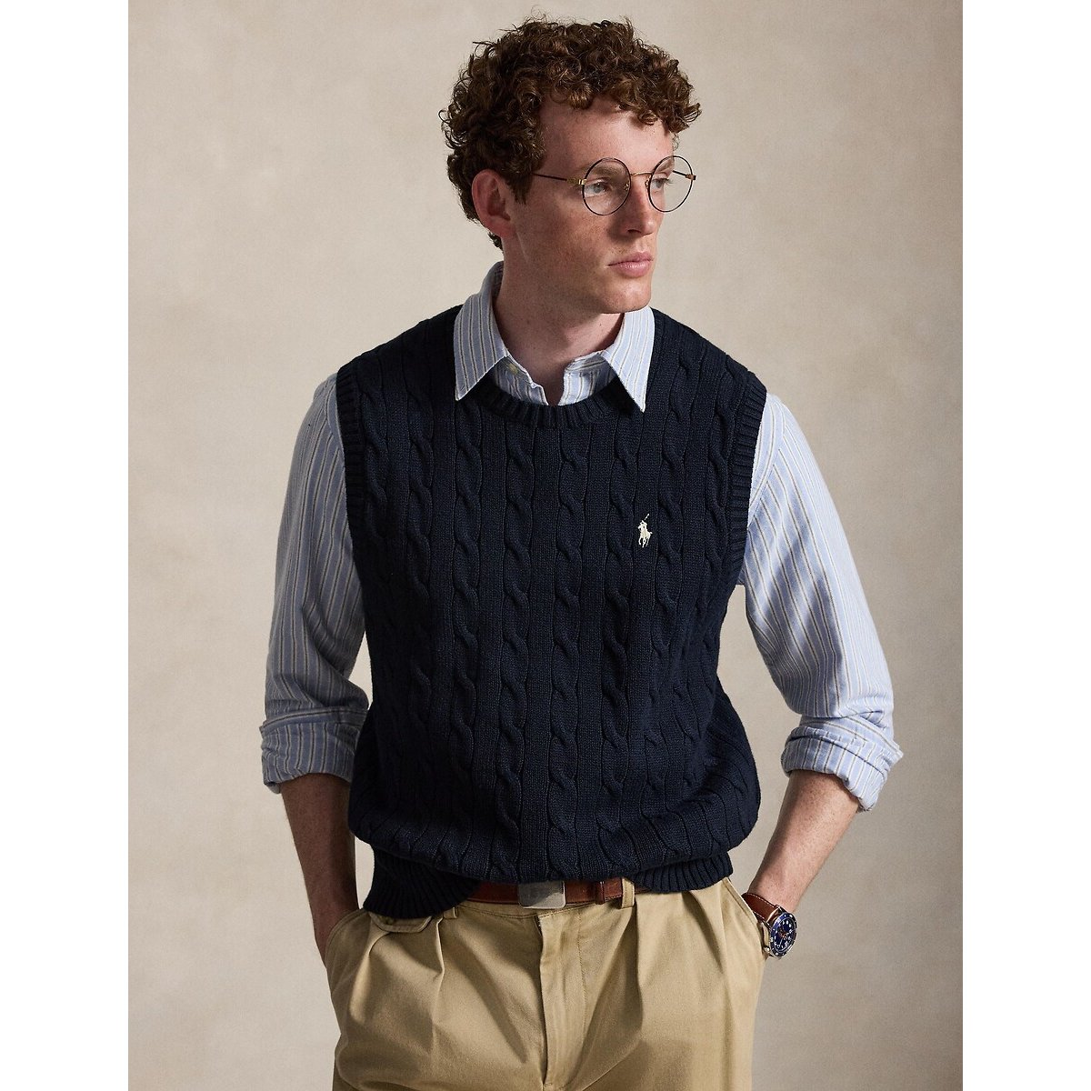 Pull sans manches, en maille torsadée bleu marine, POLO RALPH LAUREN