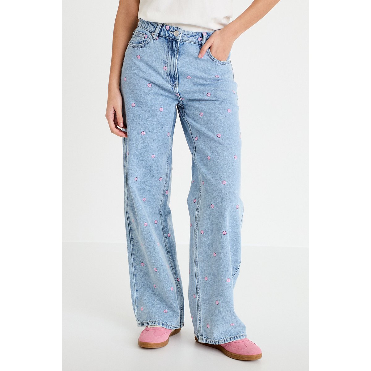 Jean wide leg taille haute brodé bleu foncé, CACHE CACHE