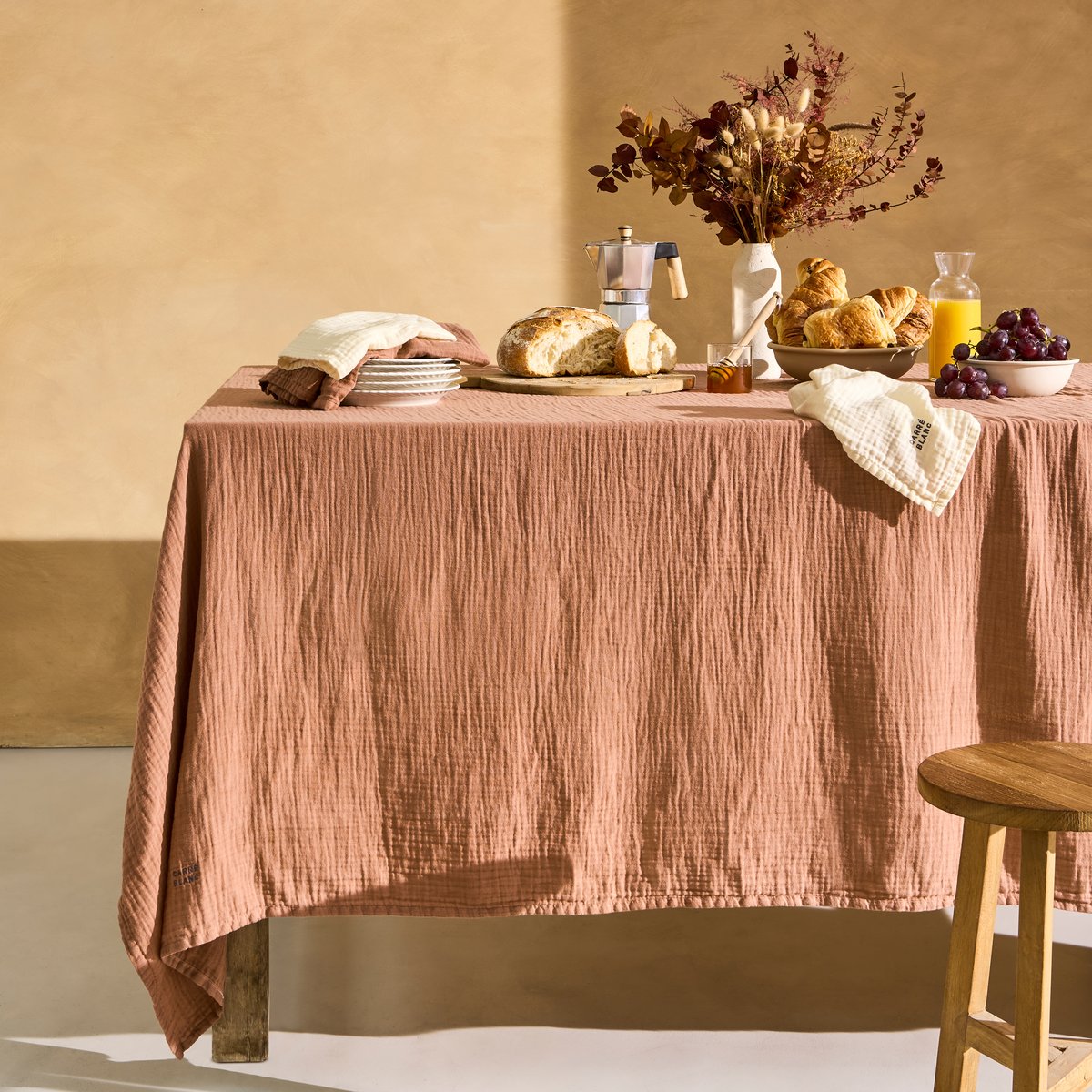 Nappe rectangulaire gaze de coton Envolée vanille ENVOLÉE moka, CARRE BLANC