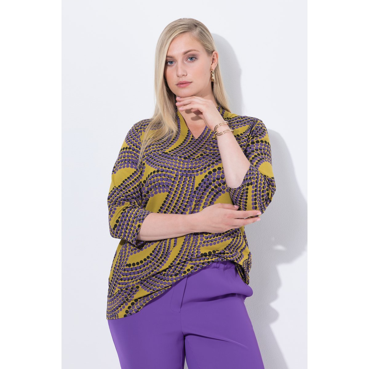 T-shirt à col jabot jaune vert clair, ULLA POPKEN