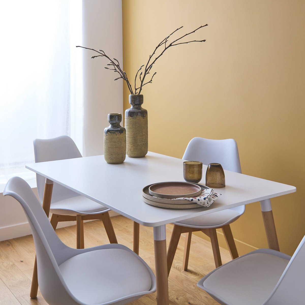 Ensemble table à manger scandinave pieds bois de hêtre 4 chaises HEDVIG 120X80CM blanc, SWEEEK