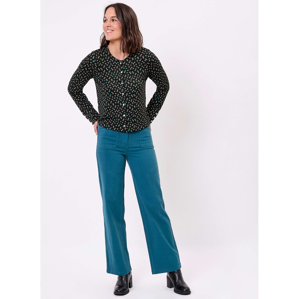Pantalon large coton stretch OMAYA bleu atlantic omaya, LA FIANCÉE
