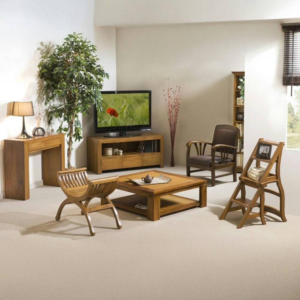 Table basse exotique carrée 90cm double plateau bois teck verni BISHO bois naturel, PIER IMPORT