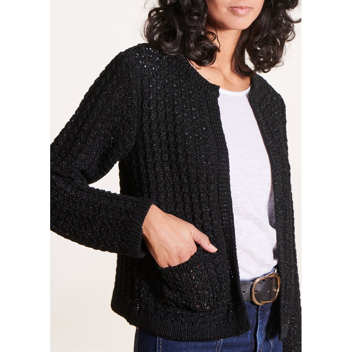 Gilet court à manches longues en maille irisée noir, LA FEE MARABOUTEE