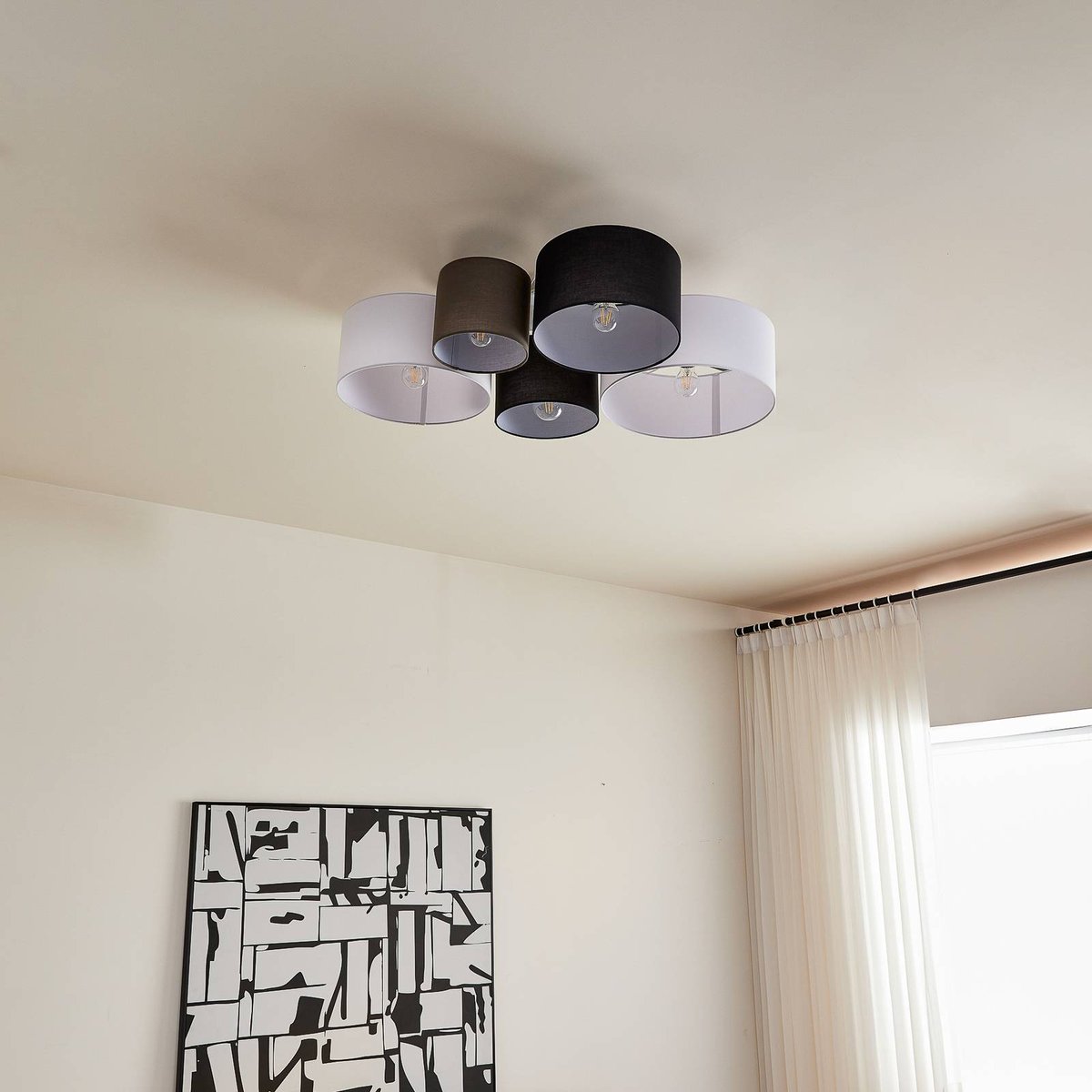 Plafonnier en textile scandinave, Lettie gris, noir, blanc, LINDBY