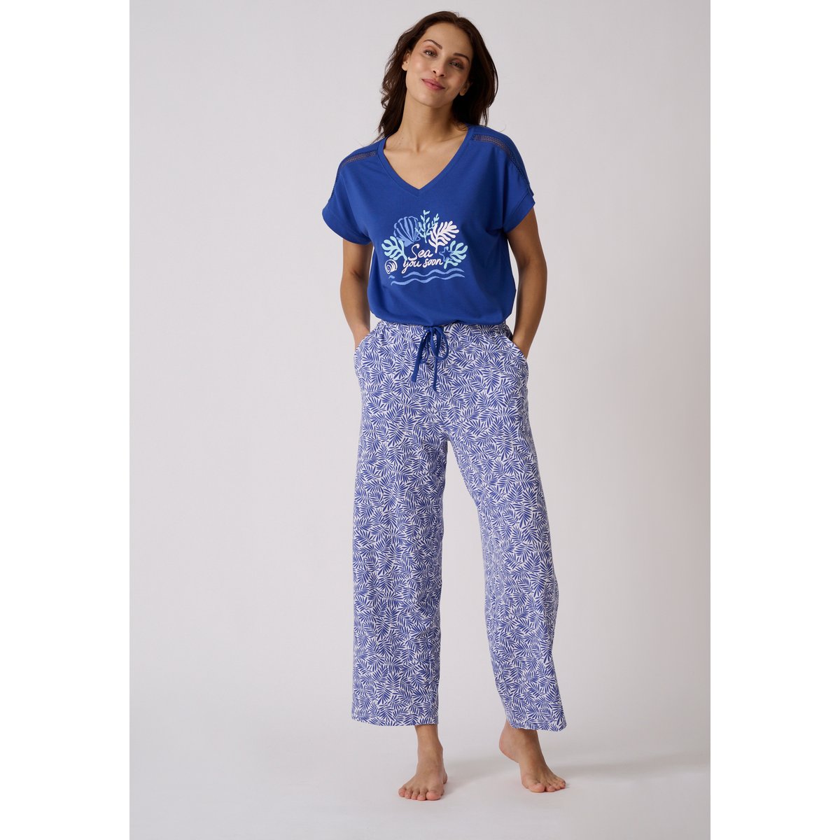 Pyjama 7/8ème Climatyl en maille jersey bleu feuillage, DAMART