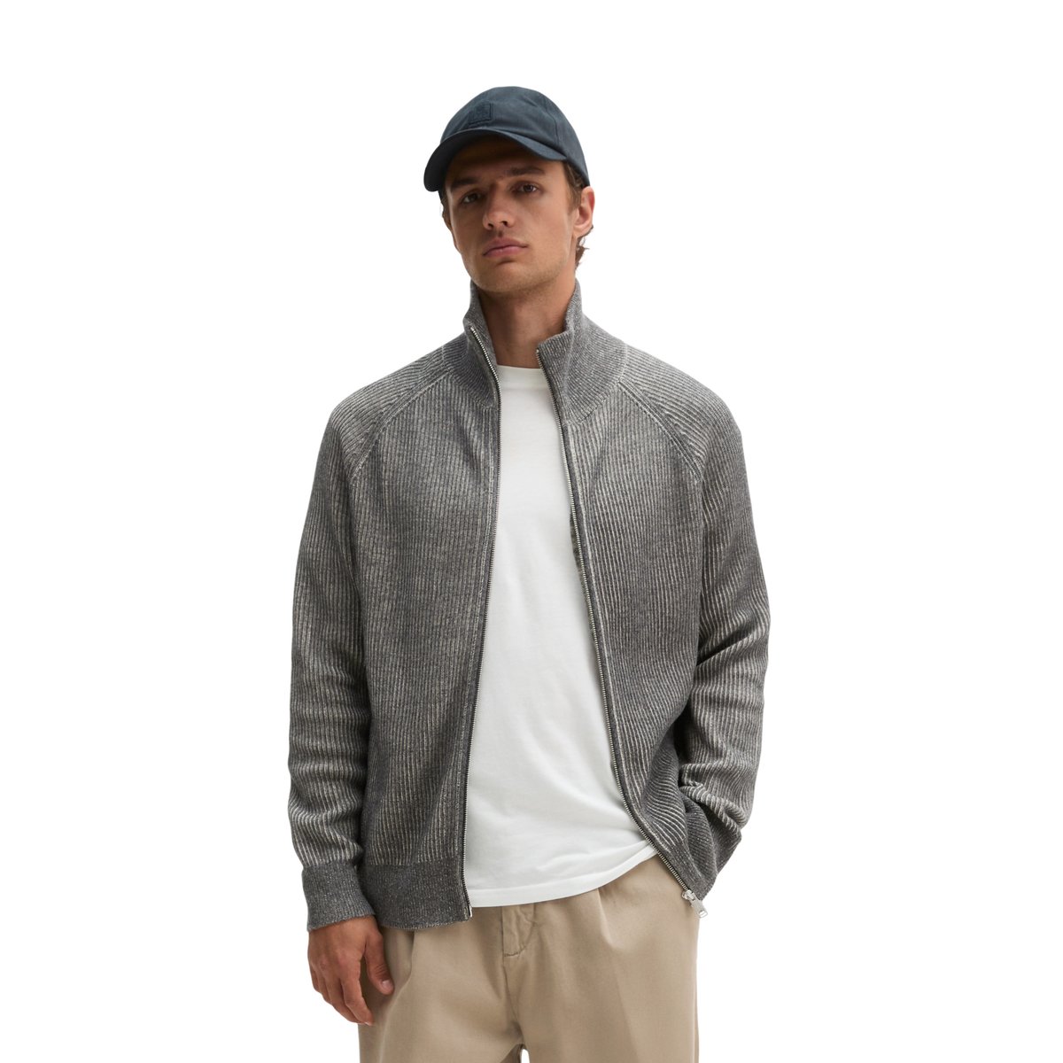 Cardigan à col montant, coupe régulière en mélange de coton bio et de laine vierge gris, MARC O'POLO
