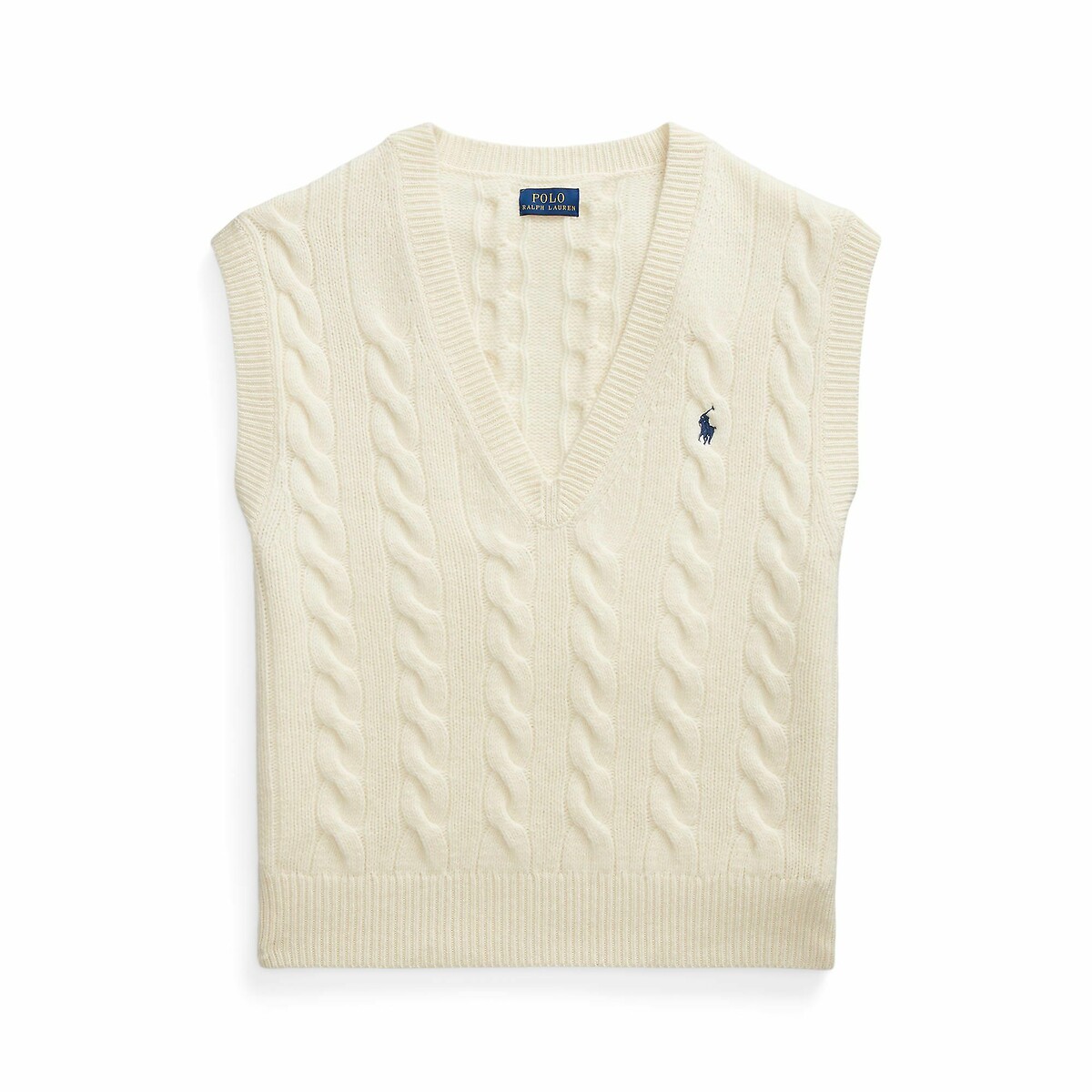 Pull sans manches col v logo poitrine crème, POLO RALPH LAUREN