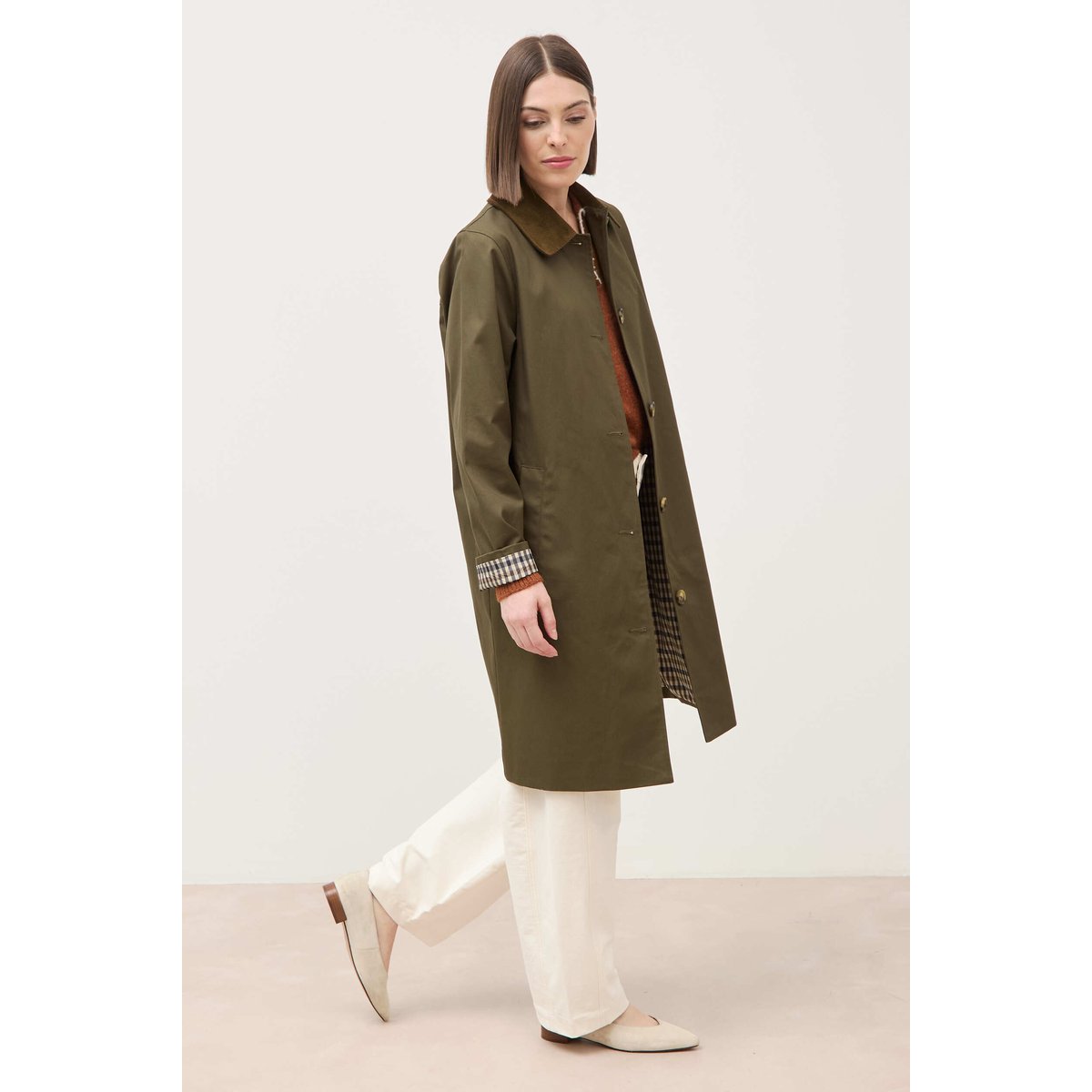 Trench droit long en coton doublé vert kaki, BONOBO
