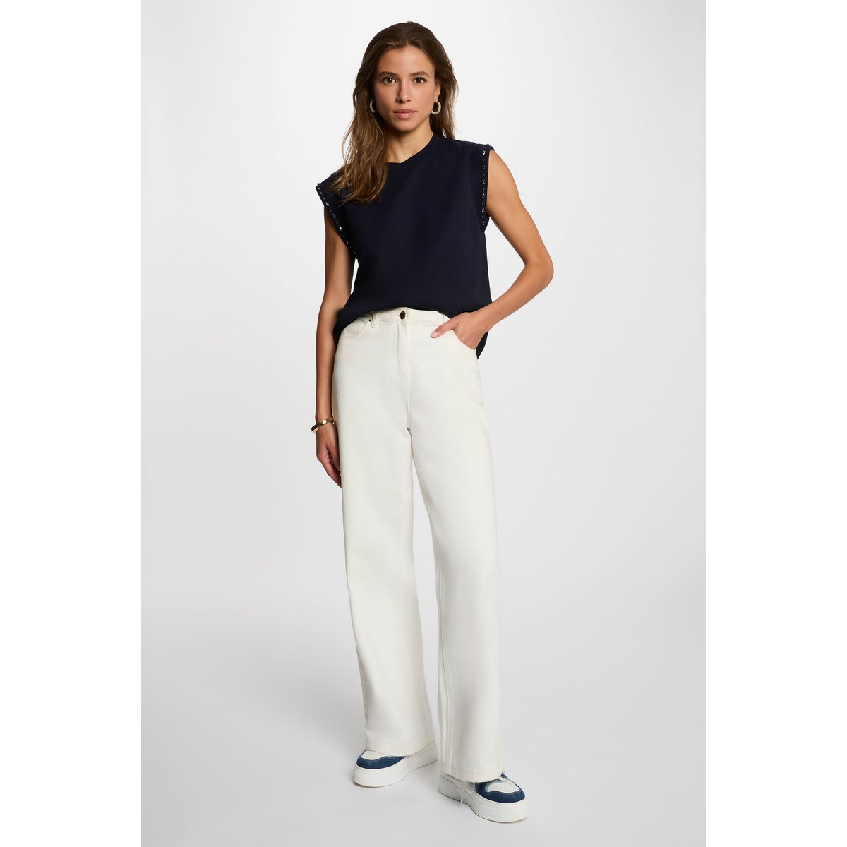T-shirt col rond strass bleu marine, MORGAN