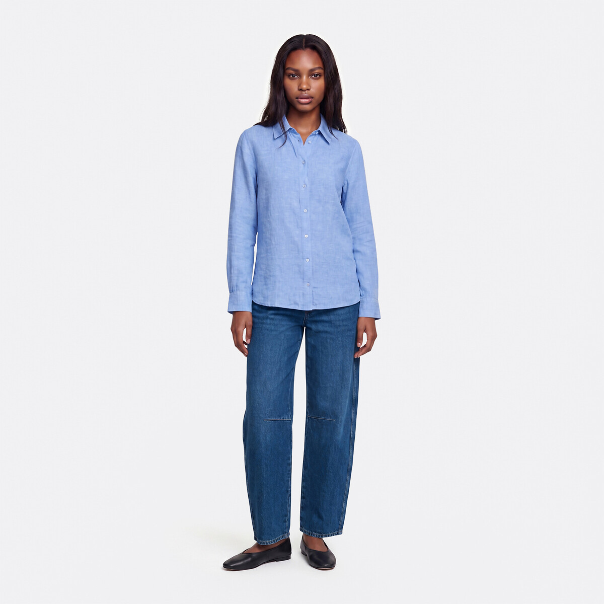 Hemd met lange mouwen in linnen mêlee lichtblauw, LA REDOUTE COLLECTIONS
