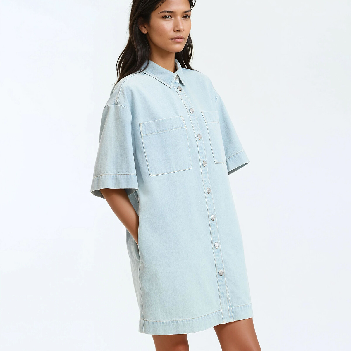 Abito corto in denim dalla vestibilità morbida, Signature SARA blu bleached, LA REDOUTE COLLECTIONS