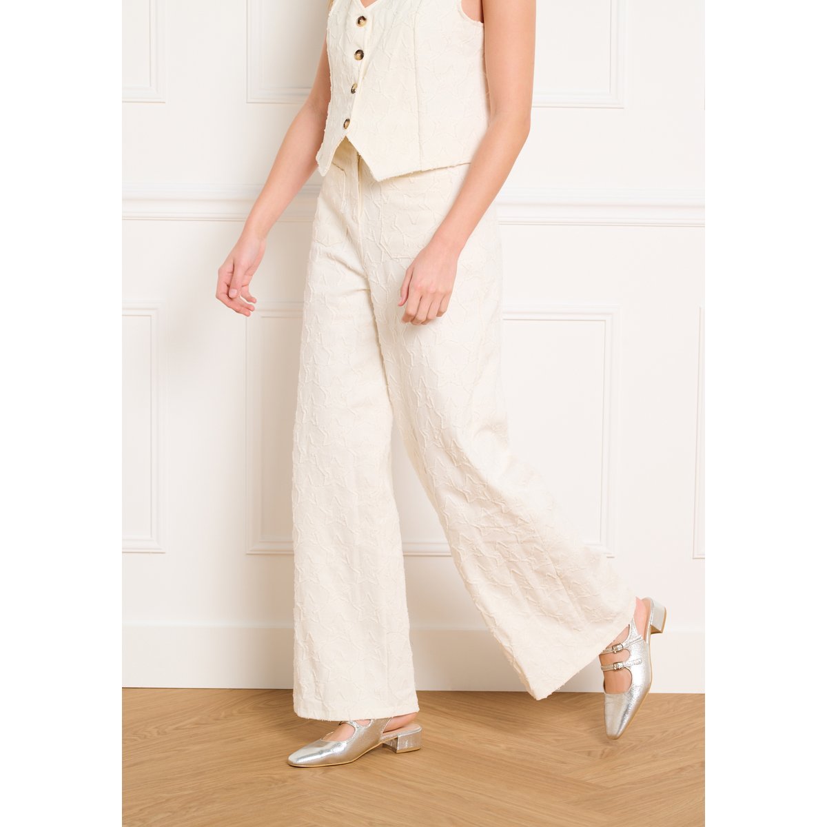 Pantalon large brodé étoiles blanc vanille, LOLALIZA
