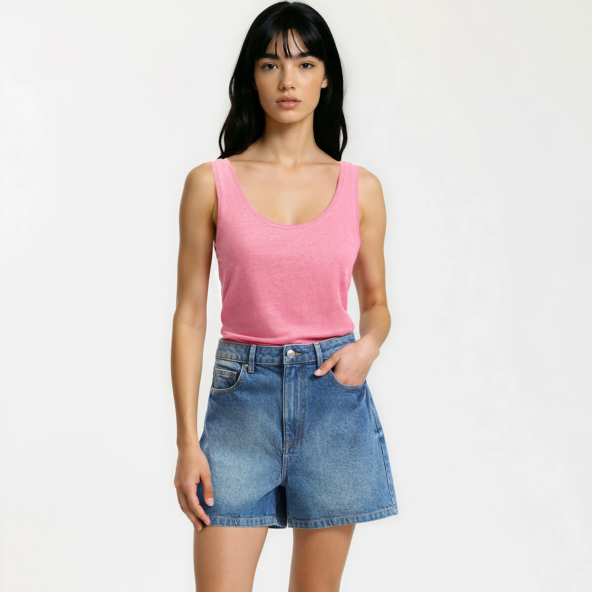 Linen Crew Neck Vest in Loose Fit pink, LA REDOUTE COLLECTIONS