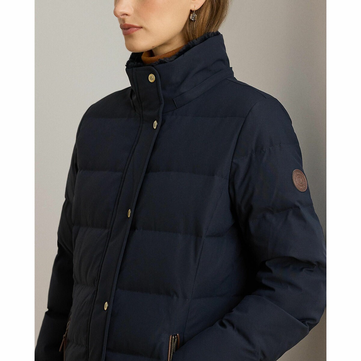 Chaqueta acolchada semilarga con capucha azul marino, LAUREN RALPH LAUREN