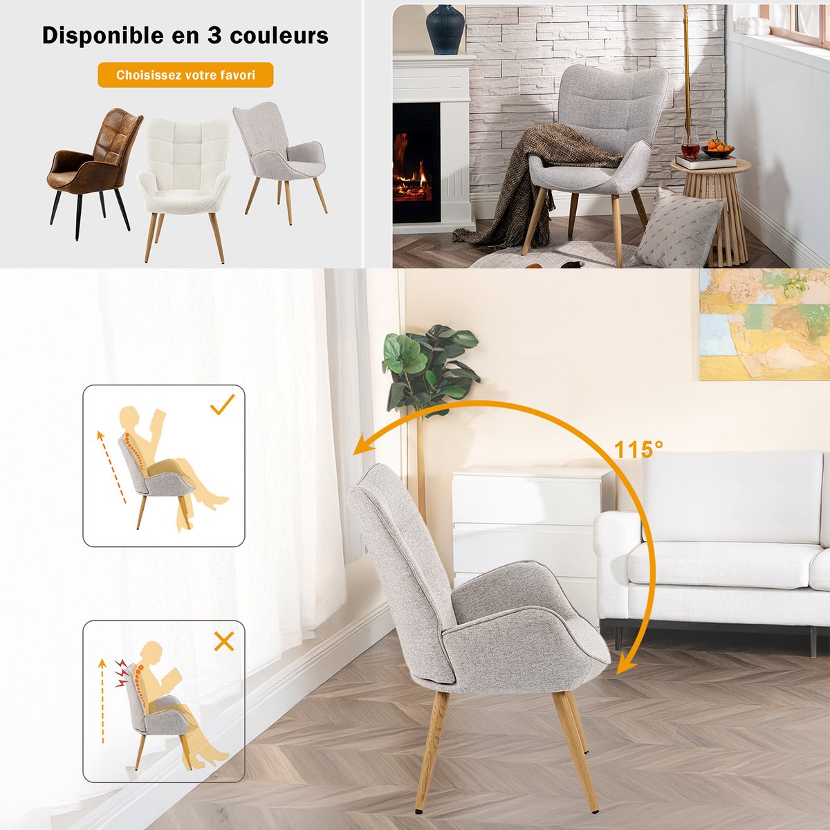 Fauteuil confortable bas style scandinave dossier moyen assise confortable pieds métal effet bois, KANAS gris clair, MEUBLES COSY