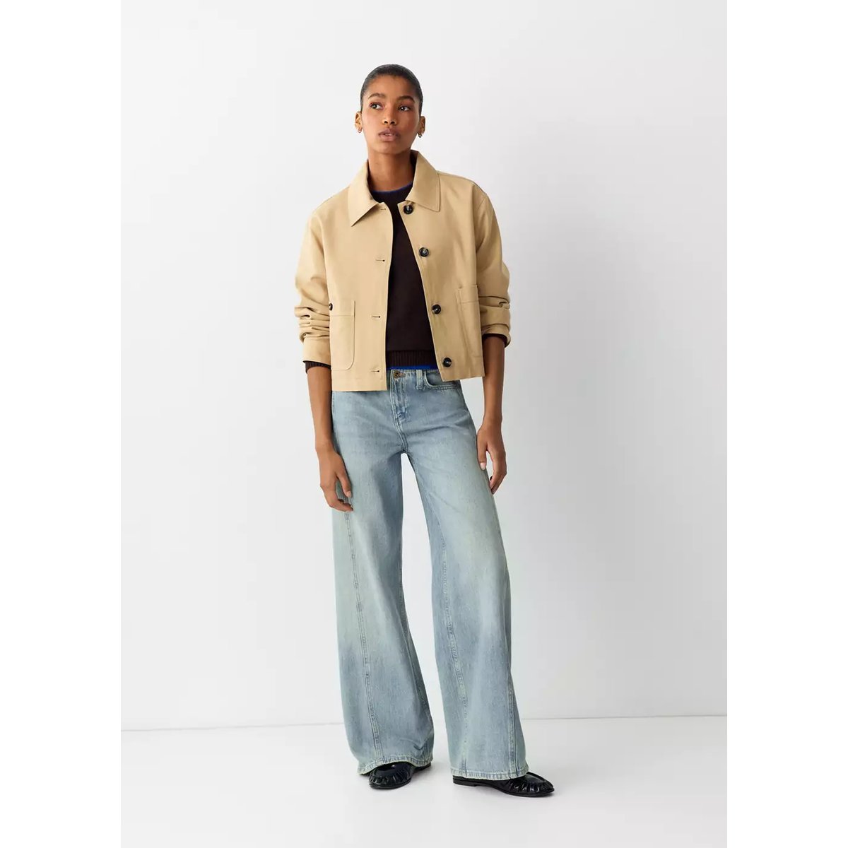 Jean wide leg coutures décoratives bleu clair vintage, MANGO TEEN