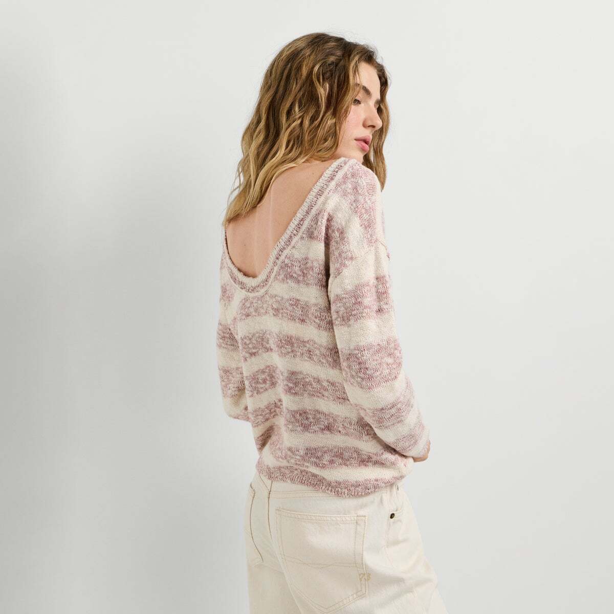 Pull En Crochet À Rayures rose poudre rose, PEPE JEANS