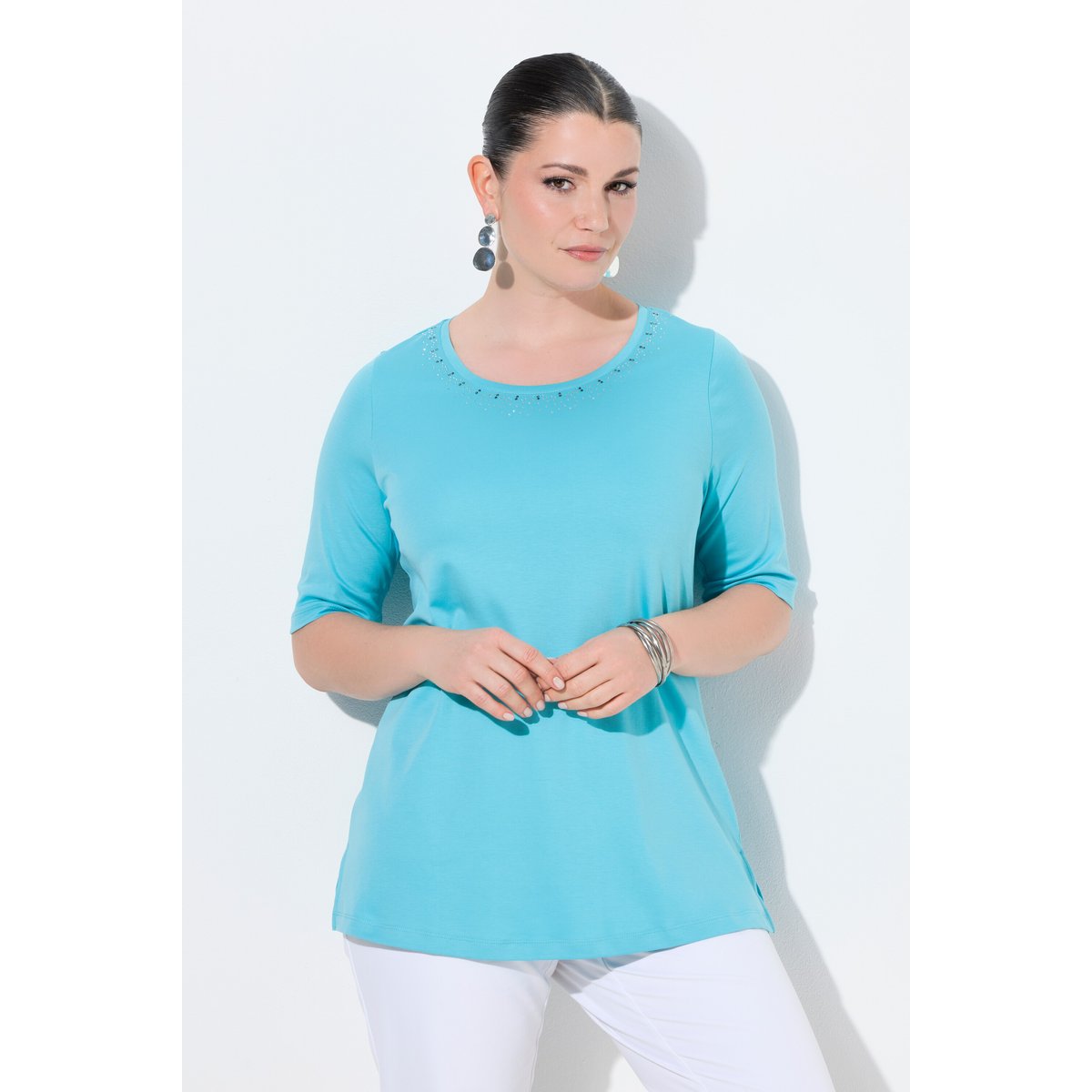 T-shirt en coton Pima turquoise clair, ULLA POPKEN