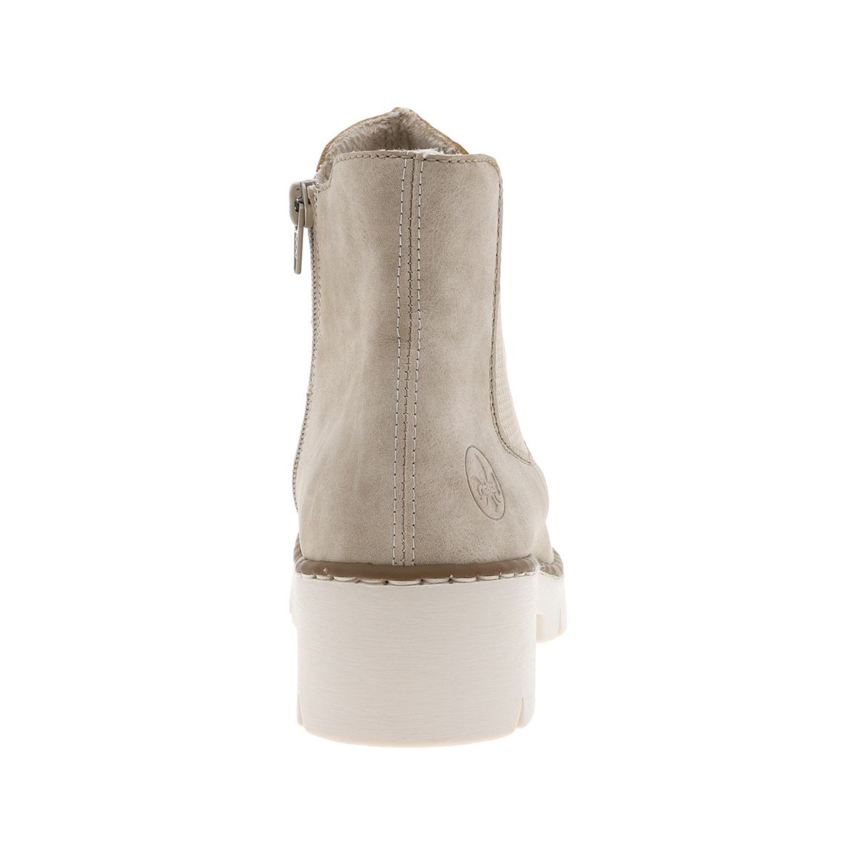 Bottines aspect nubuck taupe à semelle surélevée à talon décroché bas, fourrées, à soufflet élastiqué extérieur taupe, RIEKER