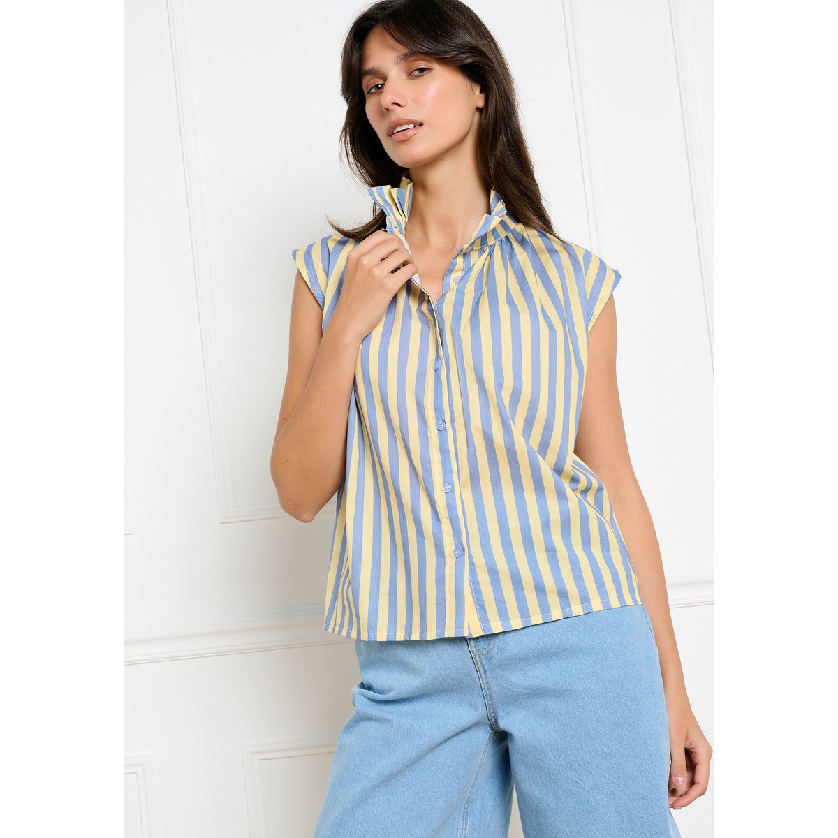 Chemise à rayures col volanté jaune pastel, LOLALIZA