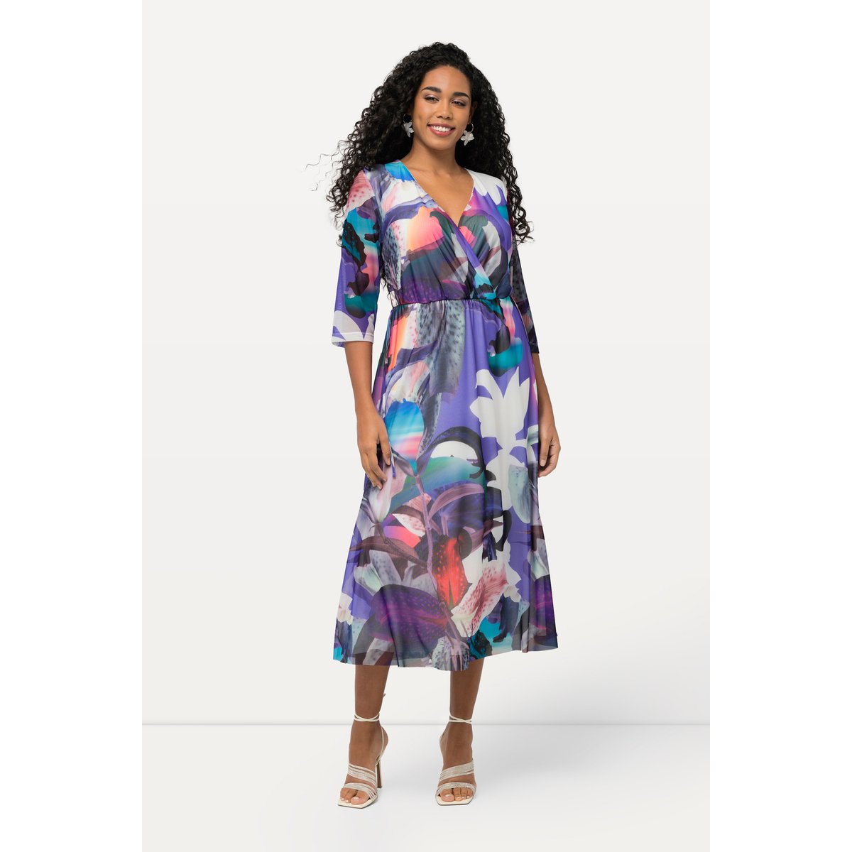 Robe midi à fleurs, effet cache-cœur blanc cassé, ULLA POPKEN