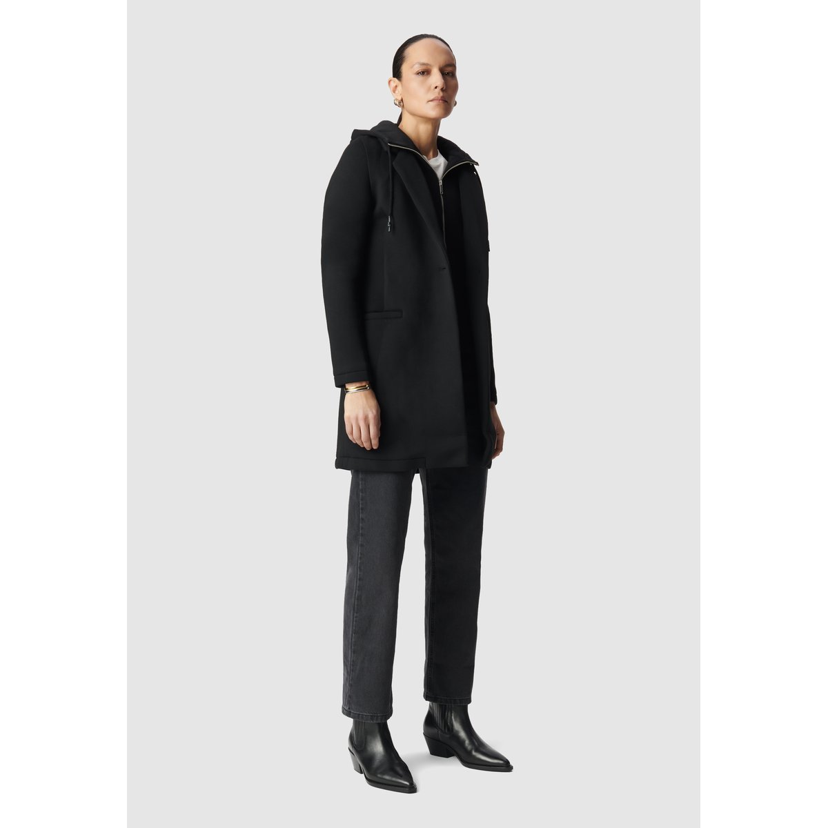Manteau mi-long en néoprène capuche amovible noir, IKKS