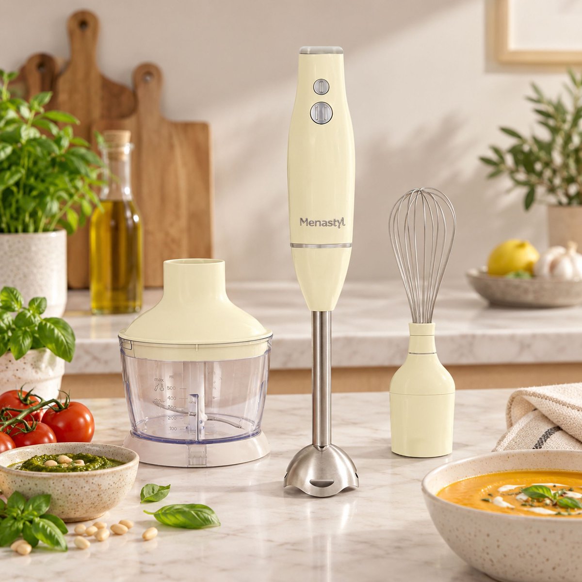 Mixeur 3 en 1 - 600W - 2 vitesses, RETRO crème, MENASTYL