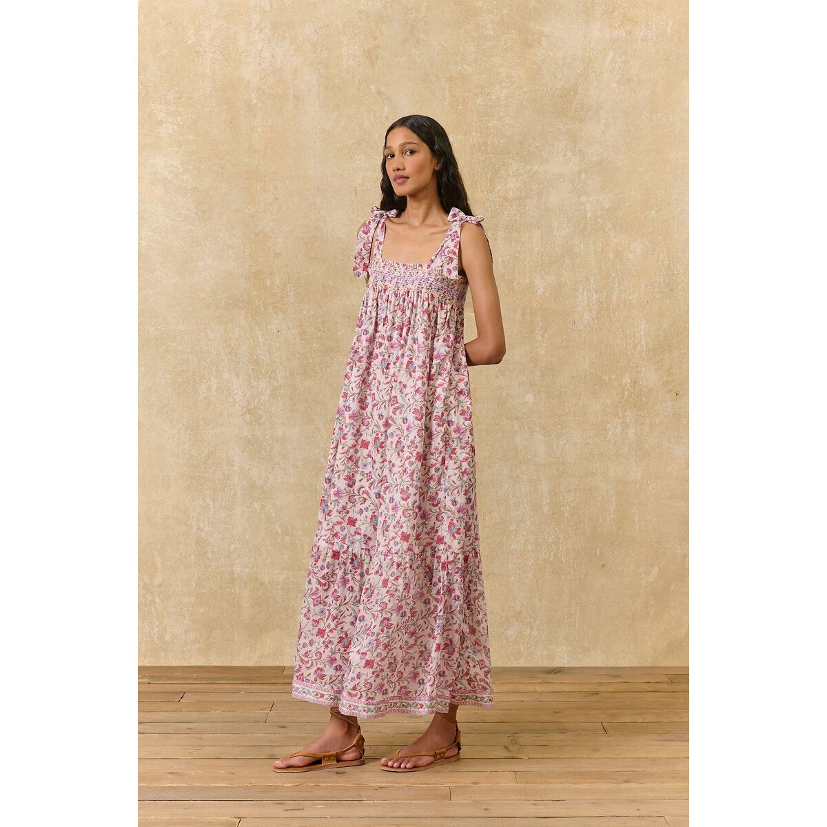 Robe longue fleurie à bretelles nouées, MARCELETTE imprimé rose, LOUISE MISHA