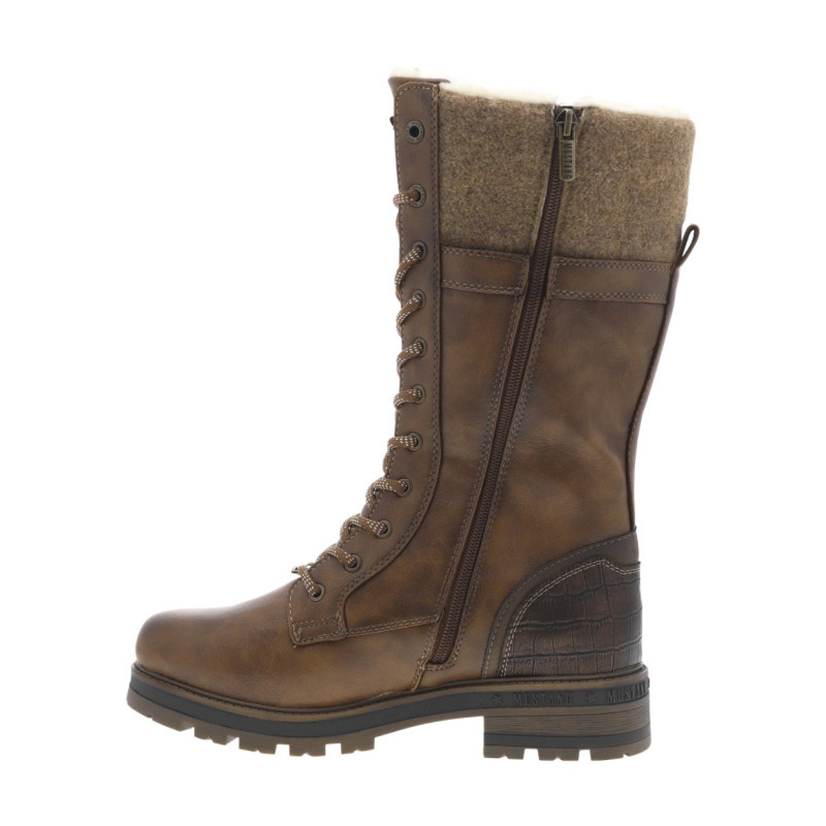 Bottes cognac à talon décroché bas avec un zip et des lacets ronds cognac, MUSTANG