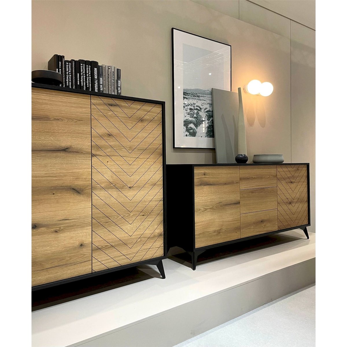 Commode haute bois collection BOULIA noir et chêne evoke, RECOLLECTION