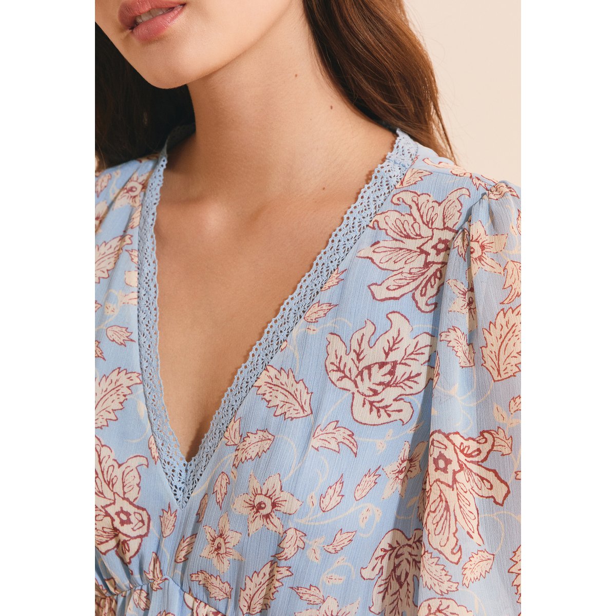 Blouse col v à motifs ROMAN IMP imp bleu vert, ETAM