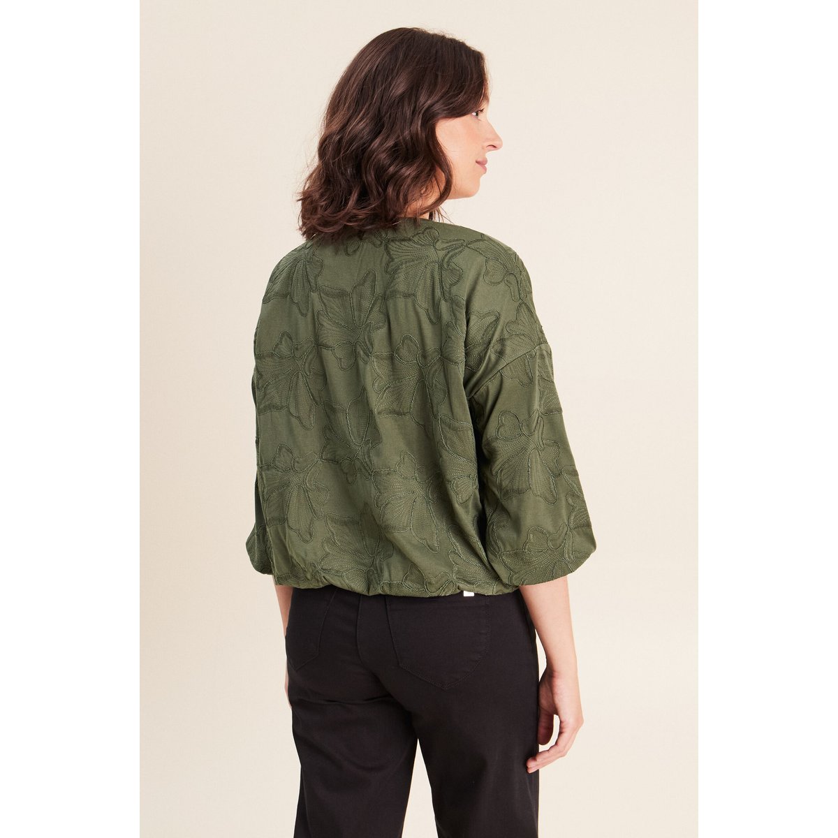 Blouse col v manches 3/4 bas resserré vert kaki, BREAL
