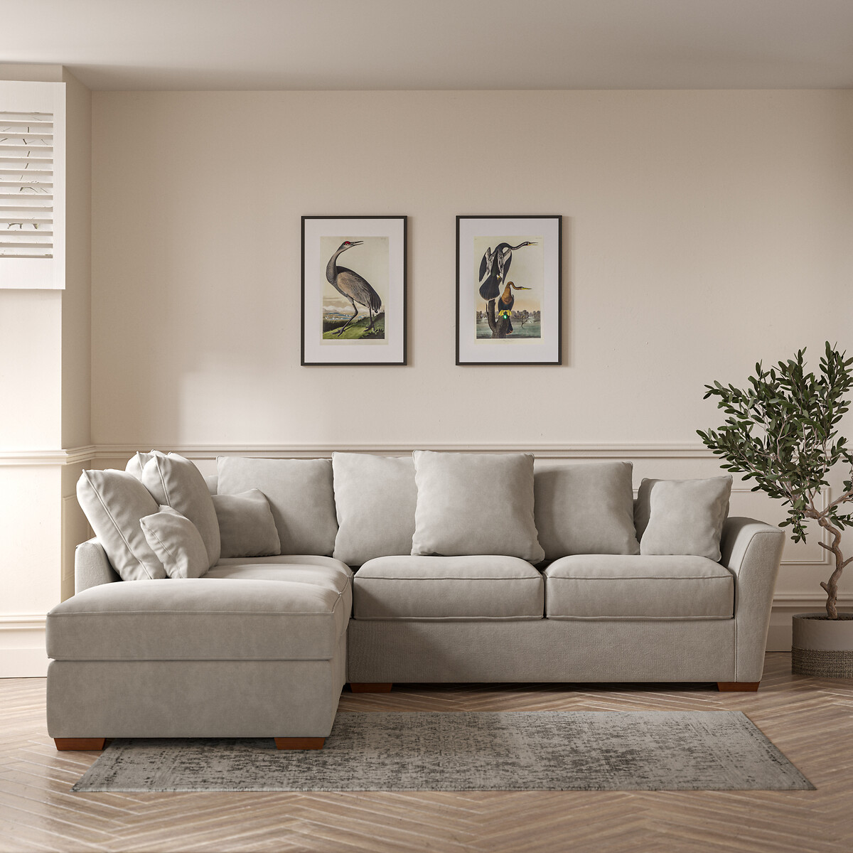 Florence Scatterback Soft Brushed Corner Sofa & Footstool with Dark Wood Legs (Left Facing) silver, ÉDITÉ