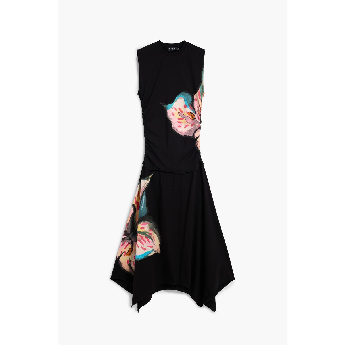 Robe asymétrique à fleurs noir, DESIGUAL