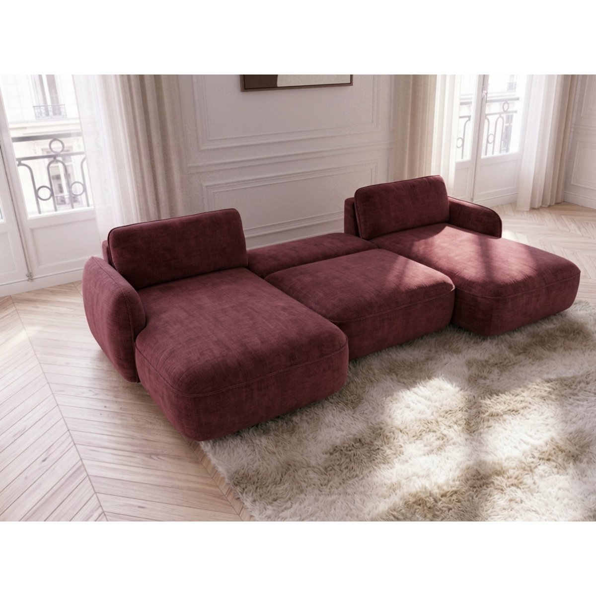Canapé panoramique convertible 4 places en tissu chenille, CELESTE rouge, BOBOCHIC