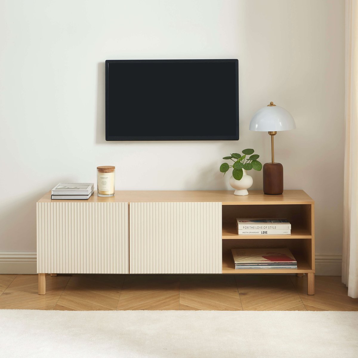 Meuble TV 2 portes  ORCA beige et chêne, BAÏTA