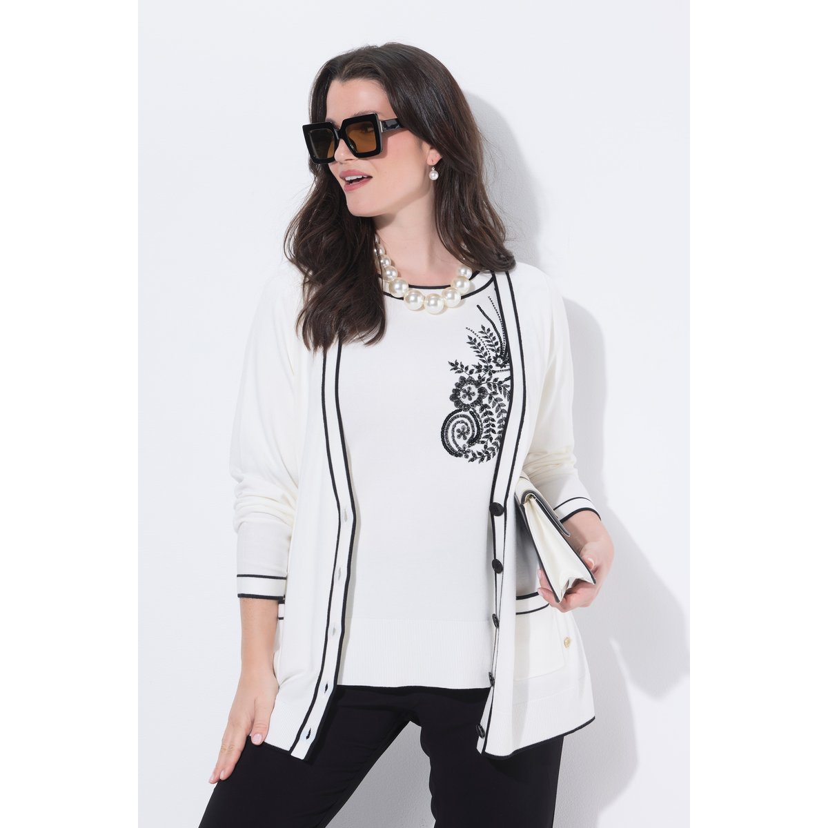 Cardigan long, liserés contrastants blanc cassé, ULLA POPKEN